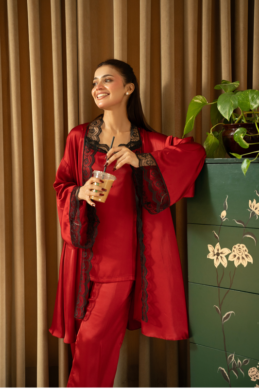 Scarlet Red Silk Robe Set - Loungewear