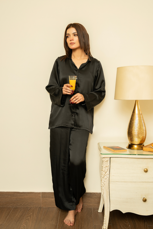 Solid Black Silk PJ Set - Loungewear