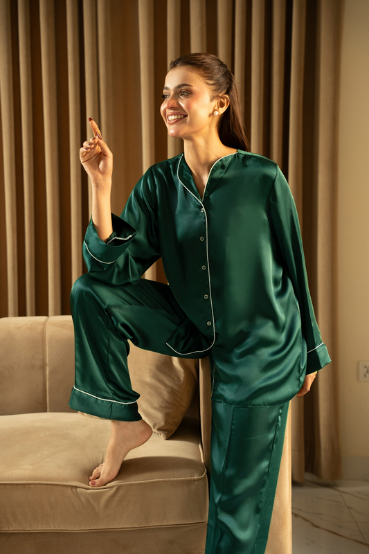 Bottle Green Silk PJ Set - Loungewear