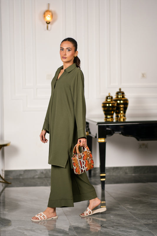 Olive Textured Kurta Set