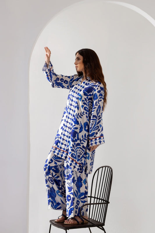 Sapphire Bold Blue & White Floral - Printed Silk Coord