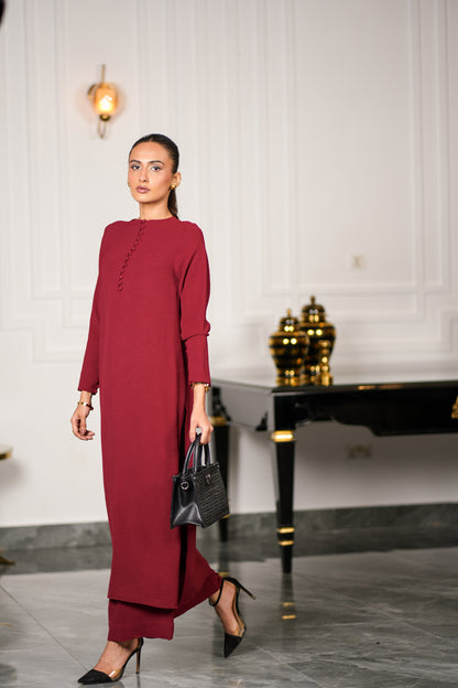 Maroon Textured Kurta Set