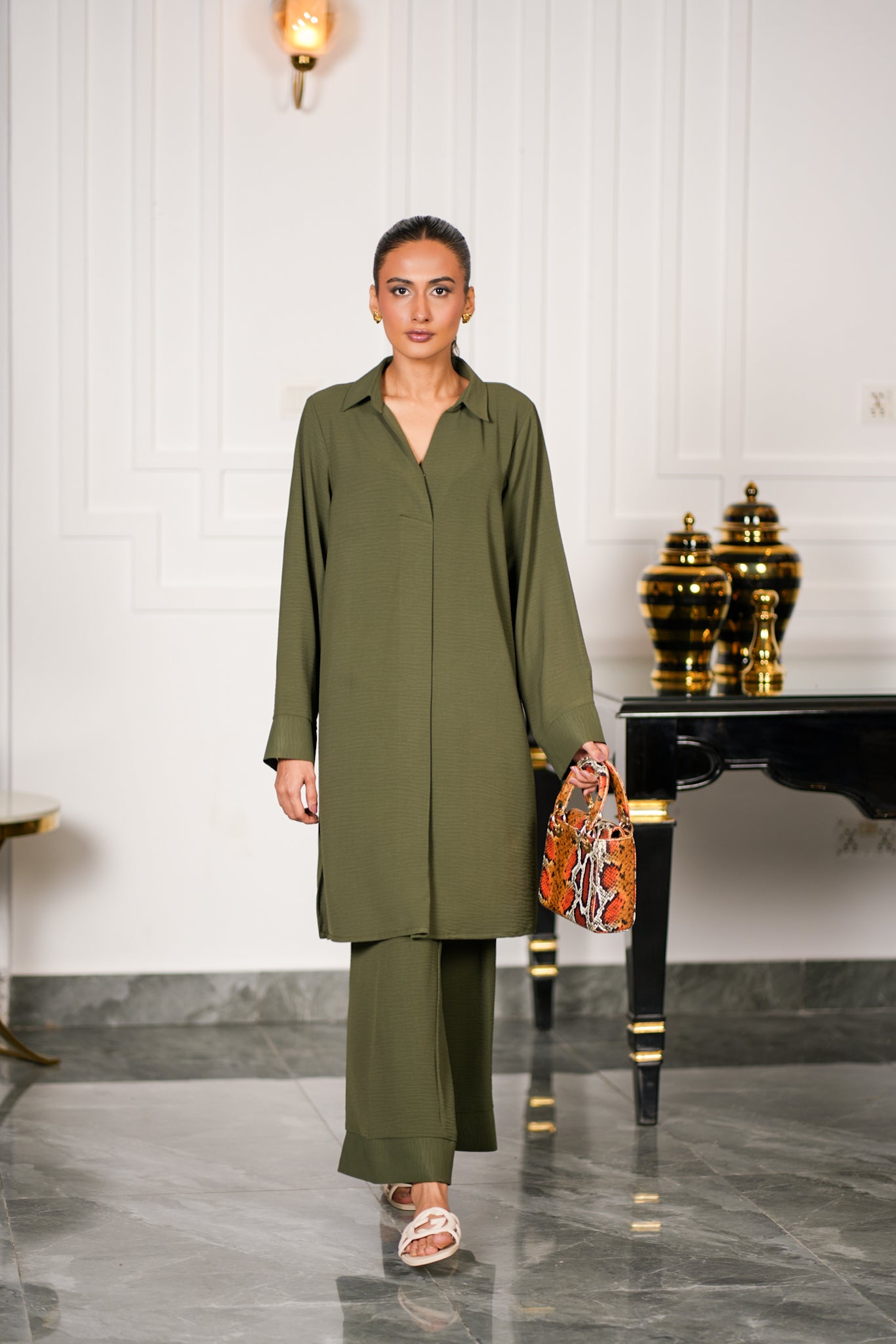 Olive Textured Kurta Set