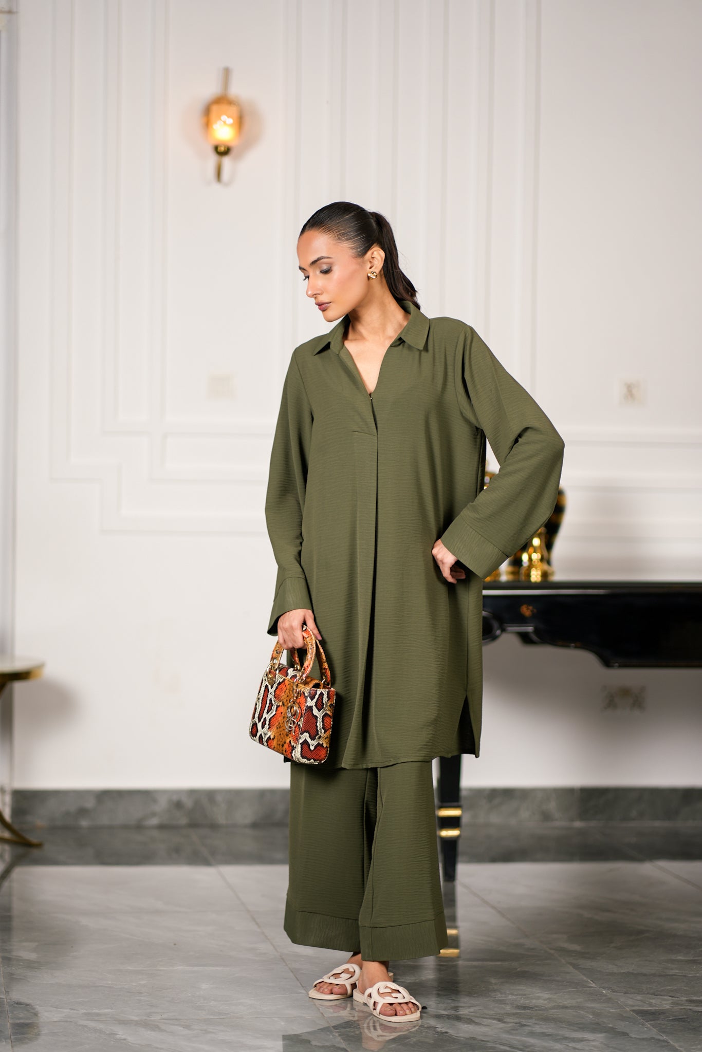 Olive Textured Kurta Set